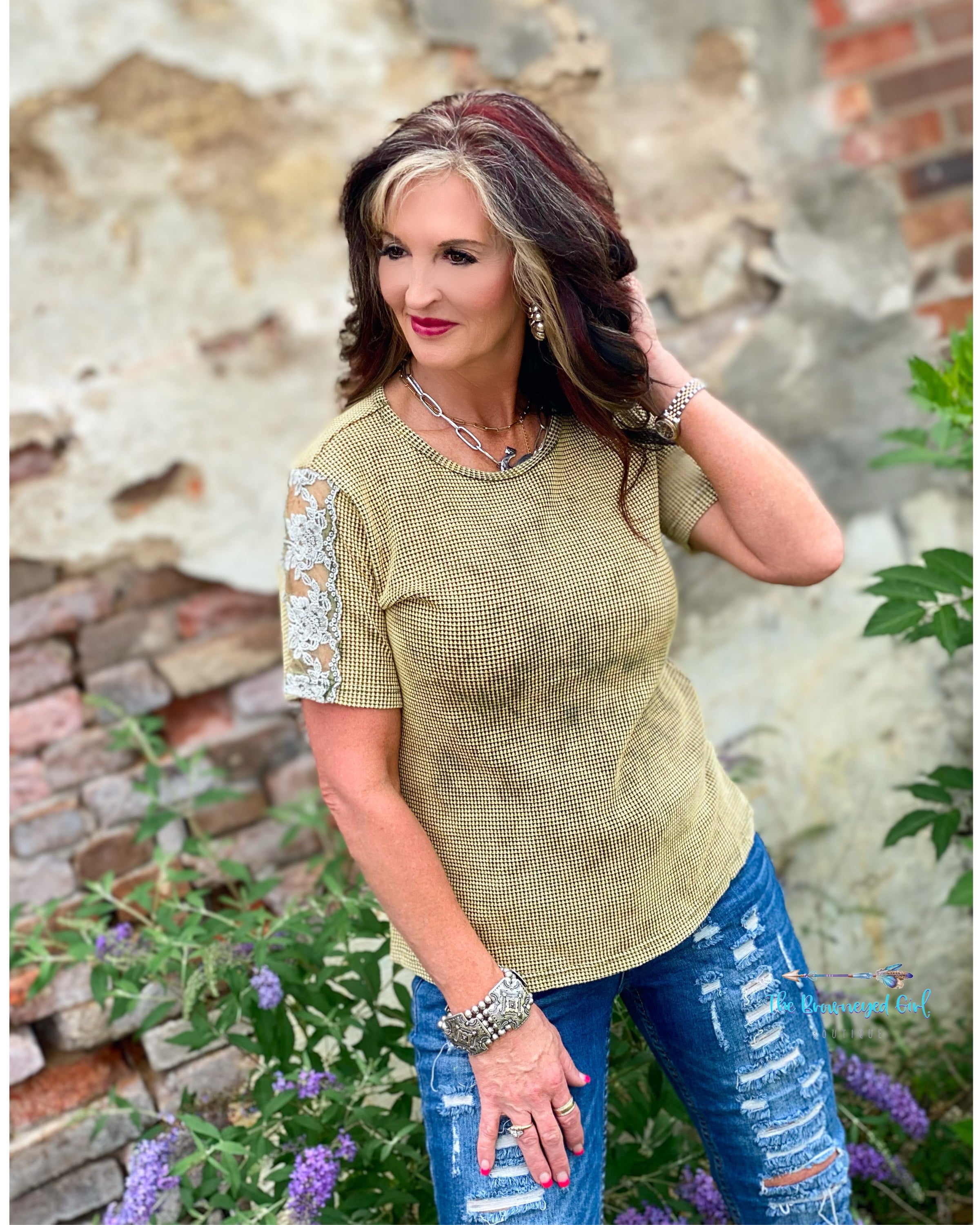 Distressed Mineral Washed Lace Olive | TheBrownEyedGirl Boutique
