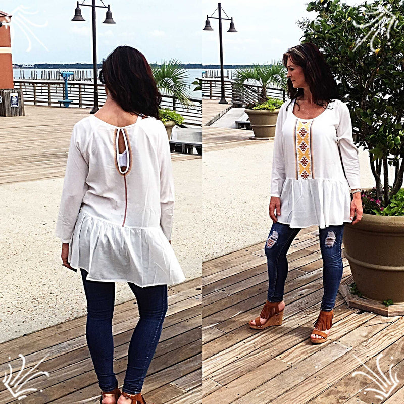 Ivory  Bohemian Embroidered Baby Doll Tunic - TheBrownEyedGirl Boutique