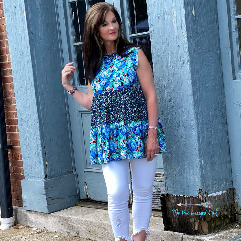Ditsy Blue Floral Ruffle Layer Sleeveless Tunic/ Top