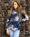 Girl Wearing A Ultra Soft Tie-Dye Hoodie Featuring Bubble Sleeves -,Ultra Soft WaffleKnit Fabric In Cobalt Blue,Cream,Grey And White Fits True To Size USA MADE