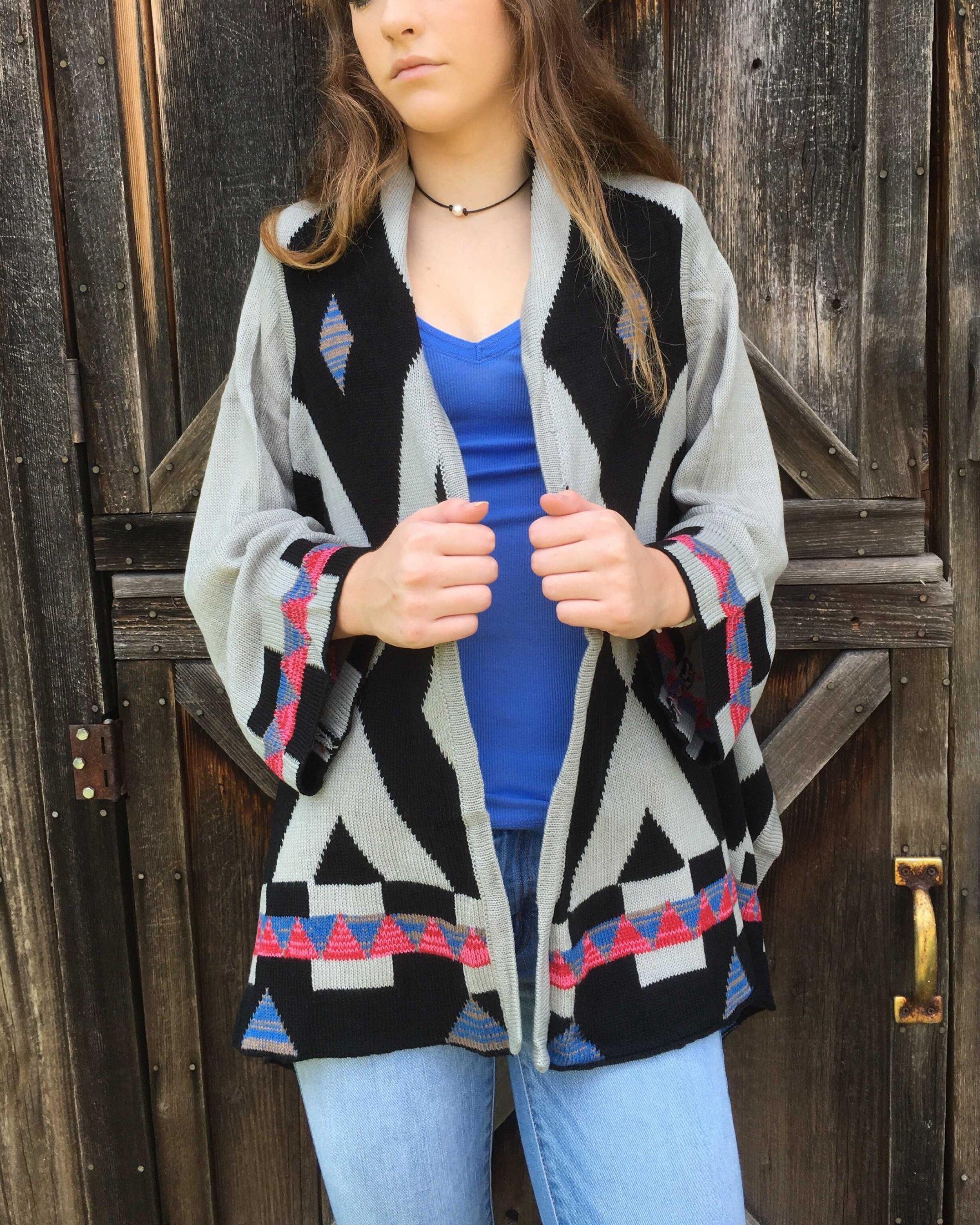 Grey & Black Cascading Aztec Sweater Cardigan - TheBrownEyedGirl Boutique