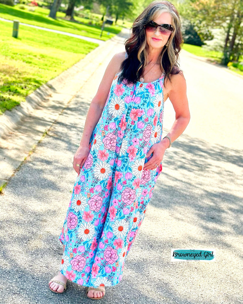 Cover Me In Florals Jumper Aqua Side Pockets| TheBrownEyedGirl Boutique