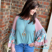 Waffle Knit Spring Top BY Umgee Sage And Mauve Floral Bell Sleeve