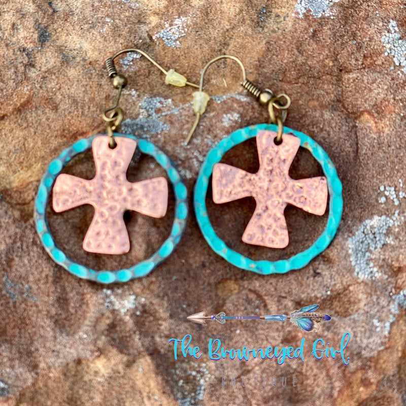 Hand Made Hammered Hoop Earrings With A Dangled Cross. Two Tone Turquoise/ Rose With Distressed Detail Approx 1" Hoop 