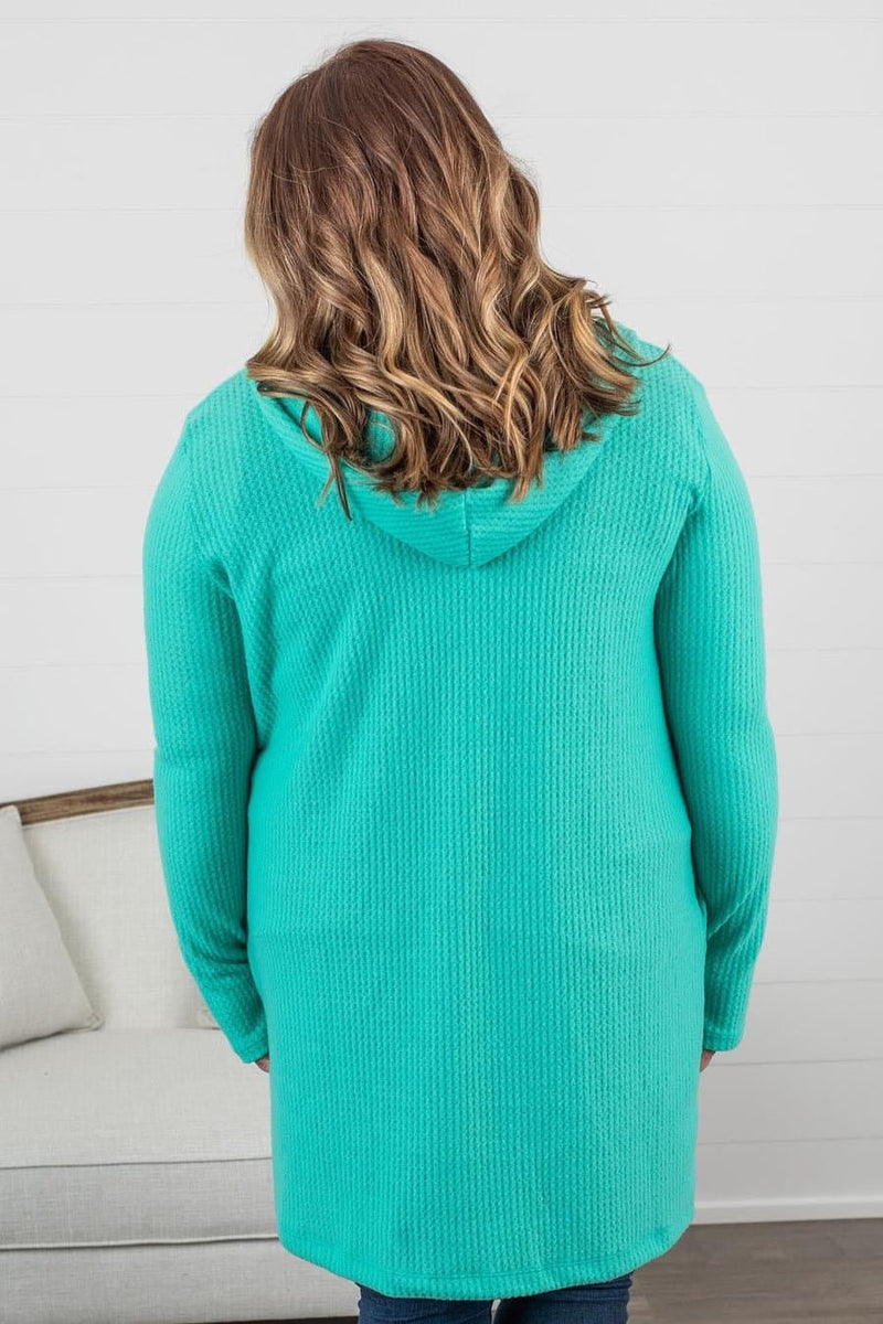 Claire Hooded Waffle Knit Cardigan Teal | TheBrownEyedGirl Boutique