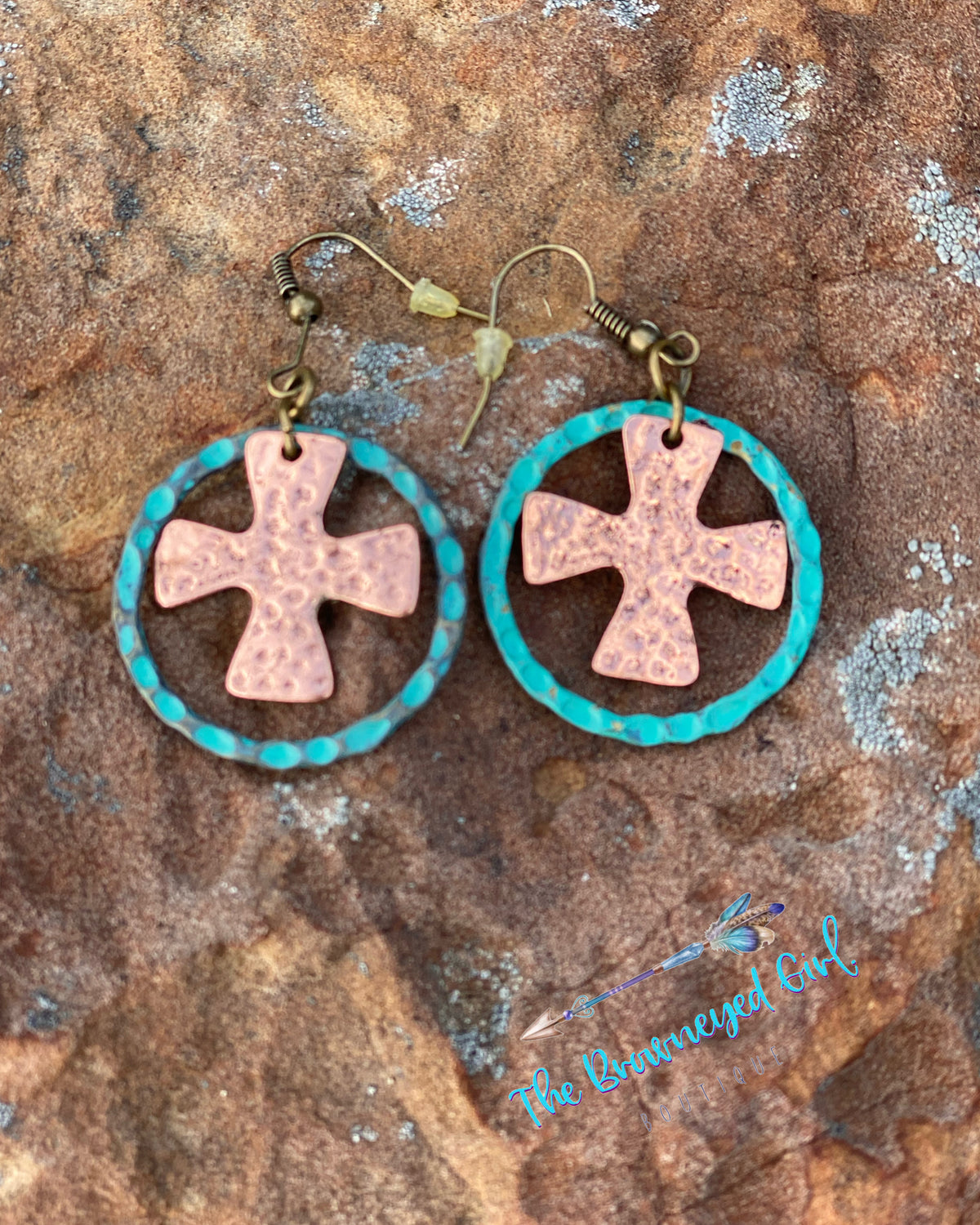 Hand Made Hammered Hoop Earrings With A Dangled Cross. Two Tone Turquoise/ Rose With Distressed Detail Approx 1" Hoop 