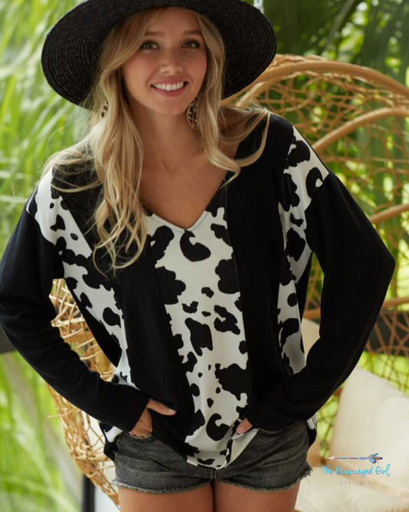 Color Block Cow Print Brushed Knit Top