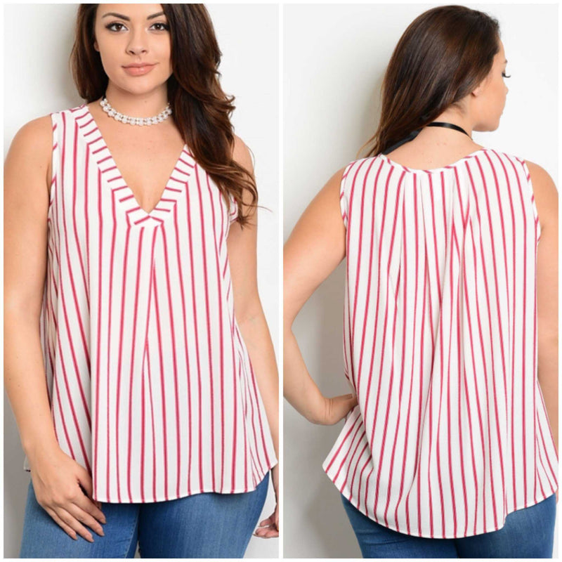 Red And Ivory Striped Sleeveless Blouse - TheBrownEyedGirl Boutique
