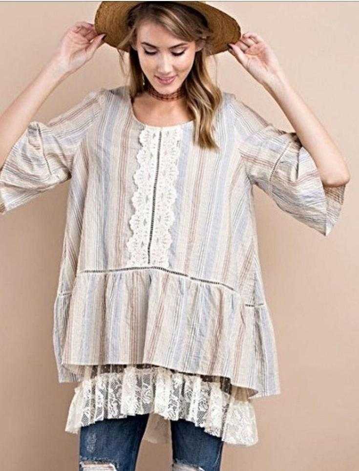 Crinkle Denim & Lace Striped Baby Doll Peasant Top - TheBrownEyedGirl Boutique
