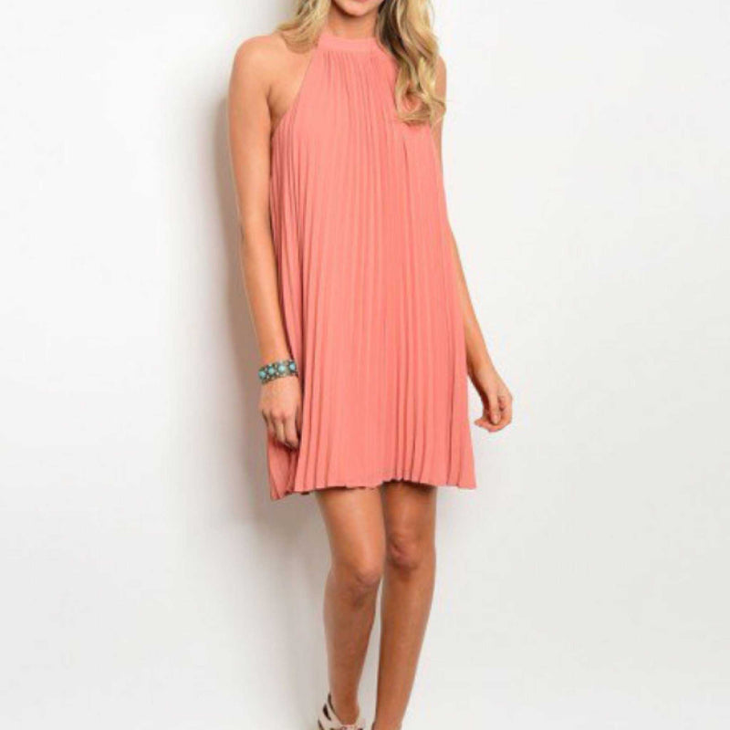 Peach Pleated Halter Dress Entro - TheBrownEyedGirl Boutique