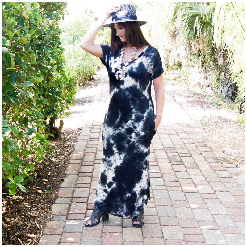 Woman wearing a Dark Navy almost black and white tie-dye maxi dress material ultra soft and stretchy - TheBrownEyedGirl Boutique