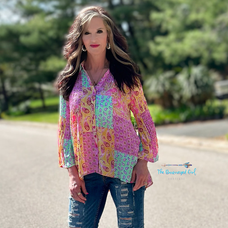 Gypsy Hippie Pink Patches Trumpet Sleeves | TheBrownEyedGirl Boutique