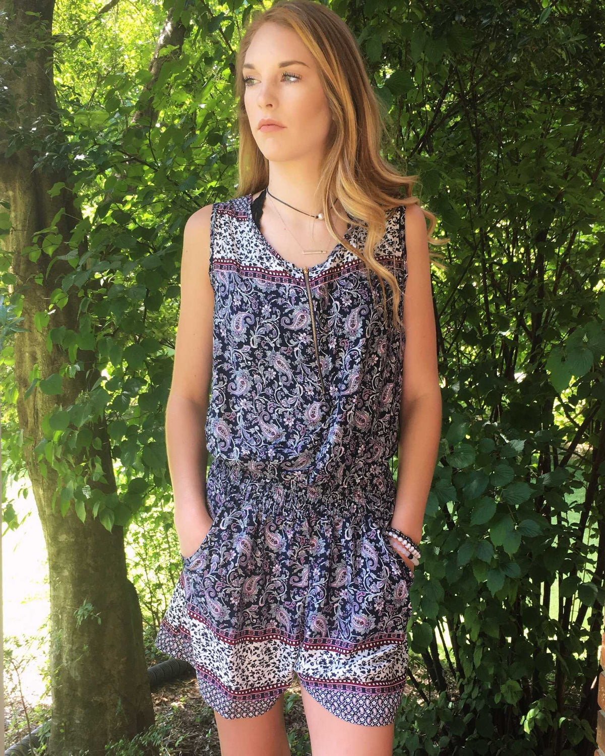 Navy and Plum Paisley Mixed Print  Romper - TheBrownEyedGirl Boutique