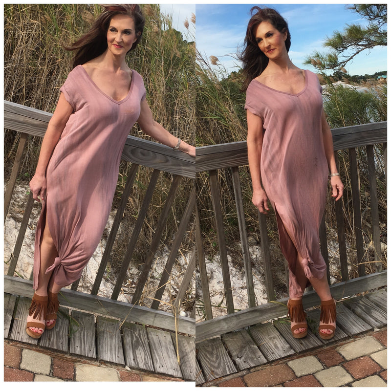 Dusty Rose Mineral Washed Side Knot Dress - TheBrownEyedGirl Boutique