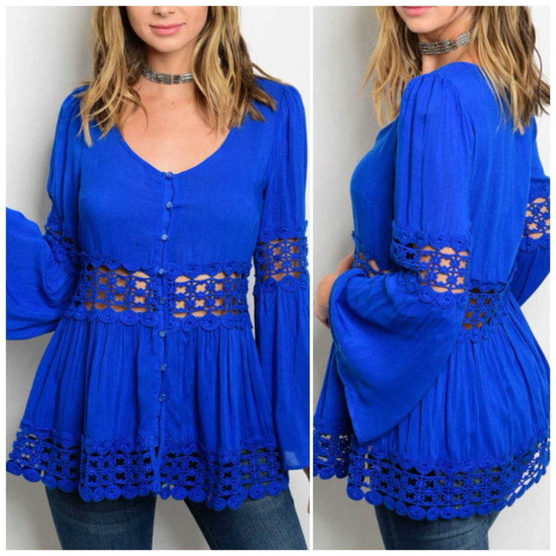 Royal Blue Peplum Crochet Top - TheBrownEyedGirl Boutique