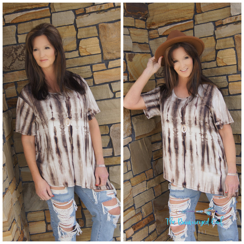 Plus Size Cream and Mocha angle cut tunic with a tie-dye pattern that covers the crew neck line. Slimming angle cut and short sleeves. USA MADE