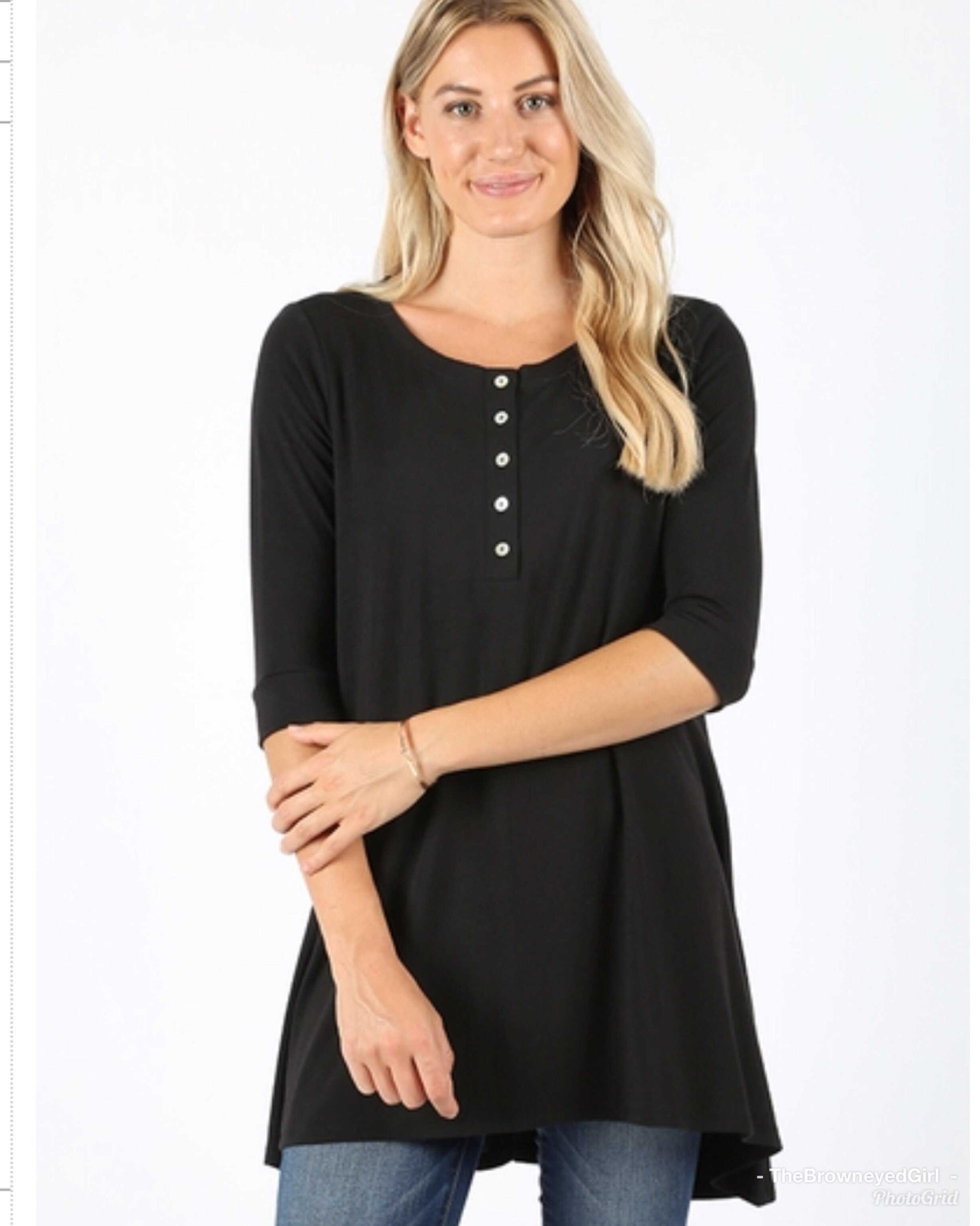 Sarah Black Basic  3/4 Sleeve Top - TheBrownEyedGirl Boutique