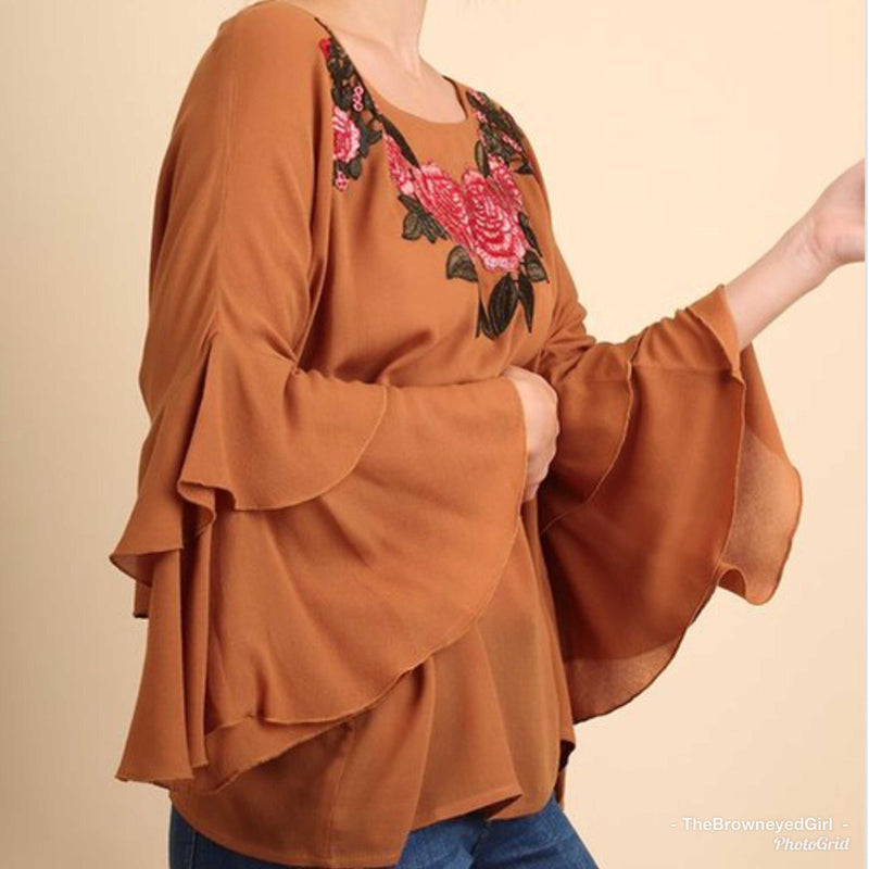 Embroidered Floral Ruffle Bell Sleeve Blouse/Top - TheBrownEyedGirl Boutique