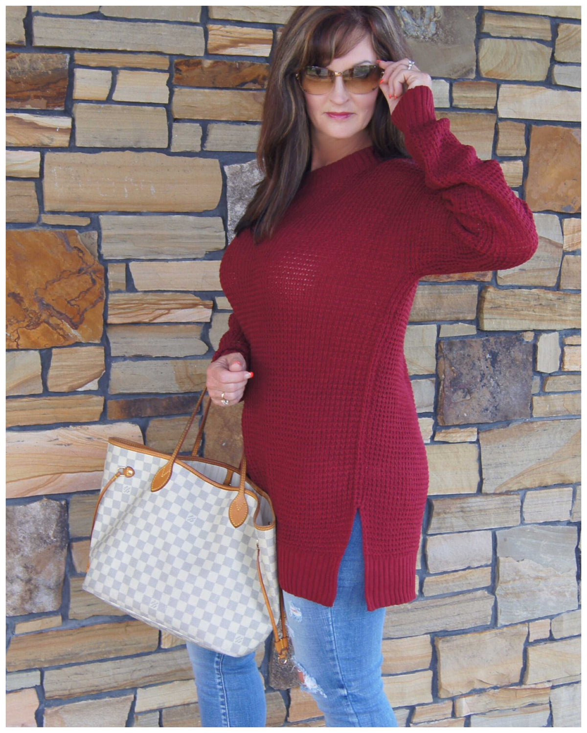 Waffle Knit Side -Slit Sweater Cabernet/ Eggplant/ Black - TheBrownEyedGirl Boutique