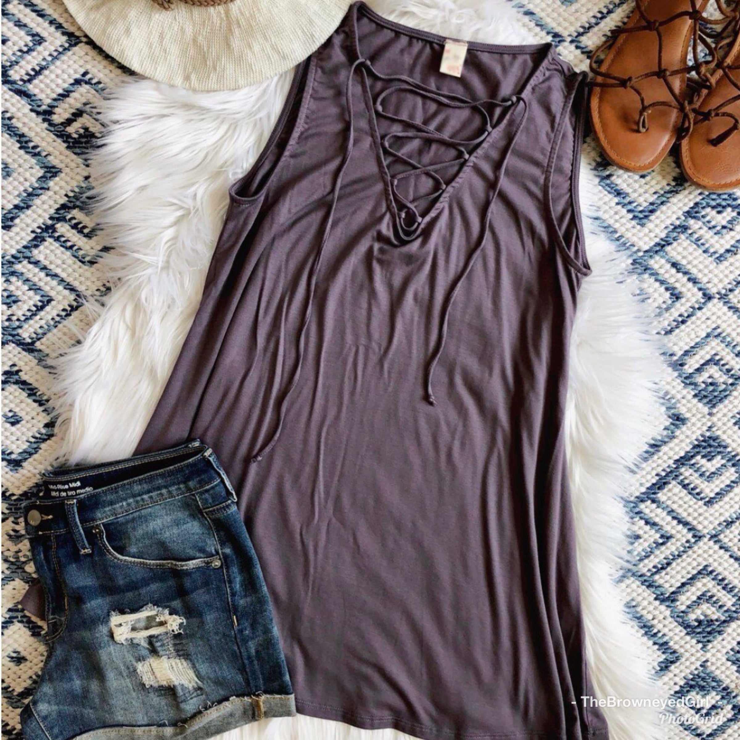 It's About Comfort Solid Lace Up Tank Top - TheBrownEyedGirl Boutique