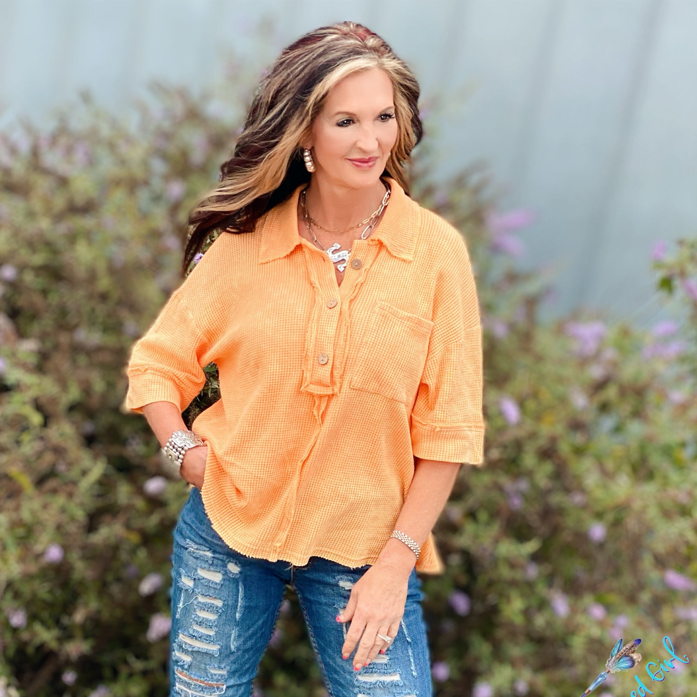 Apricot Mineral Washed Henley | TheBrownEyedGirl Boutique