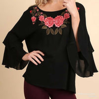 Embroidered Floral Ruffle Bell Sleeve Blouse/Top - TheBrownEyedGirl Boutique