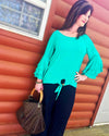 Waiting For The Moment Green Ruffle Sleeve Blouse - TheBrownEyedGirl Boutique