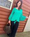 Waiting For The Moment Green Ruffle Sleeve Blouse - TheBrownEyedGirl Boutique