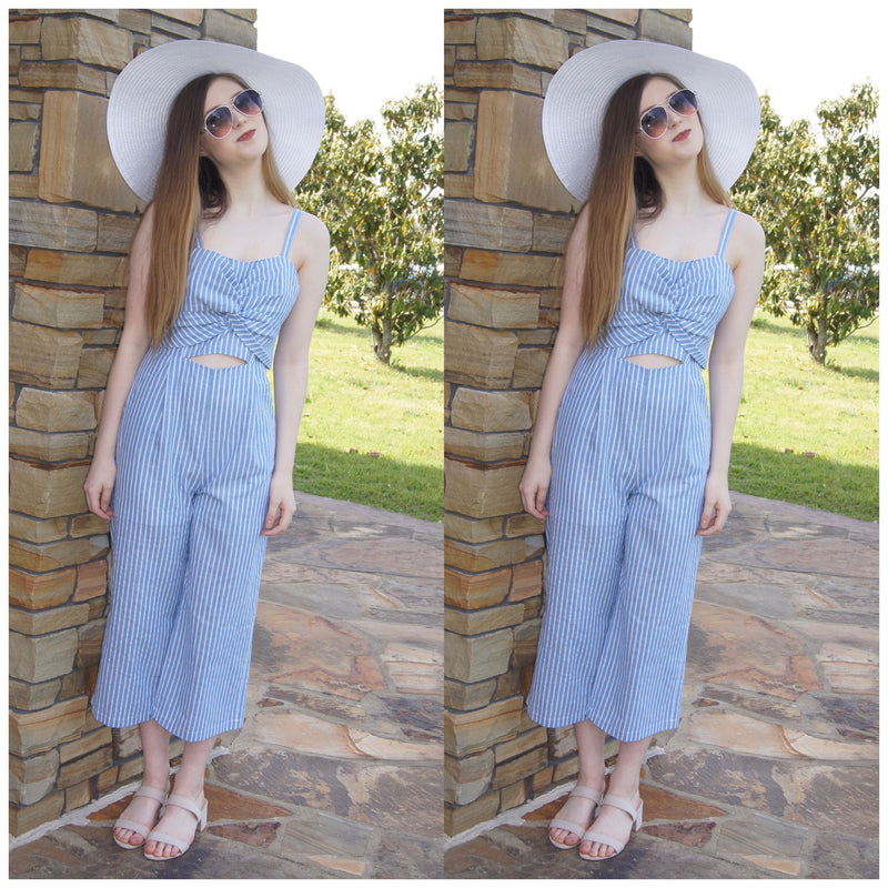 Blue And White Stripe Me Down Wide Legged JumpSuit - TheBrownEyedGirl Boutique