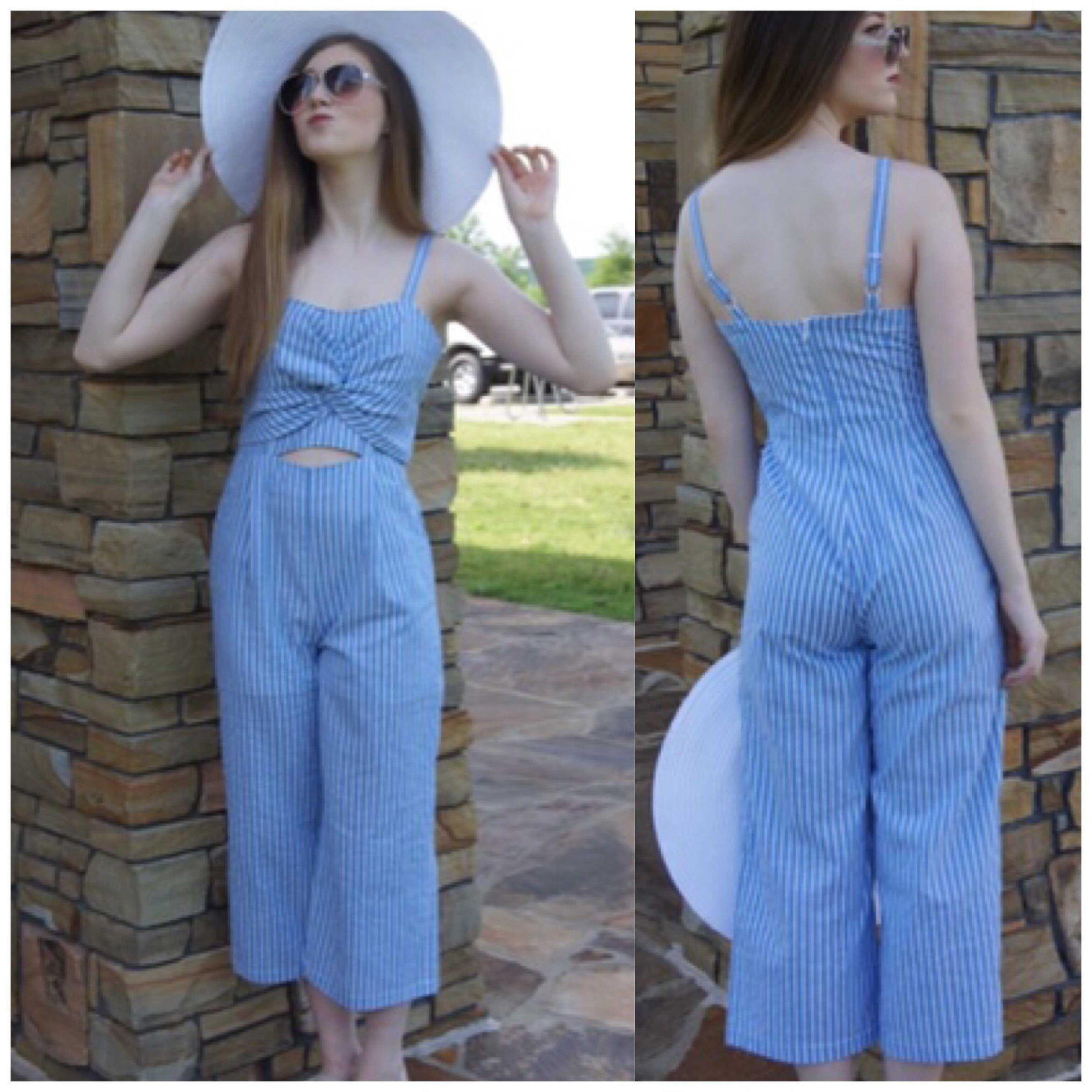Blue And White Stripe Me Down Wide Legged JumpSuit - TheBrownEyedGirl Boutique