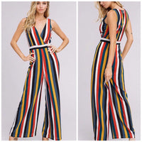 Multi Color Striped V-Neck Jumpsuit - TheBrownEyedGirl Boutique