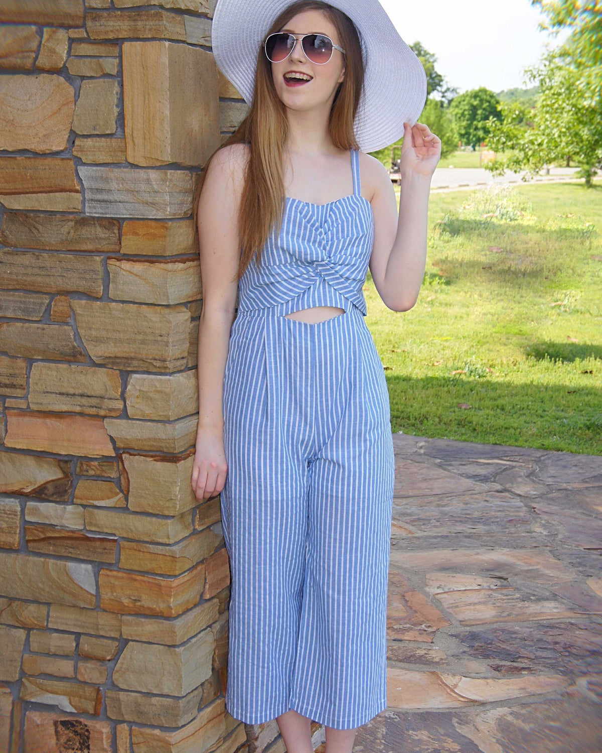 Blue And White Stripe Me Down Wide Legged JumpSuit - TheBrownEyedGirl Boutique