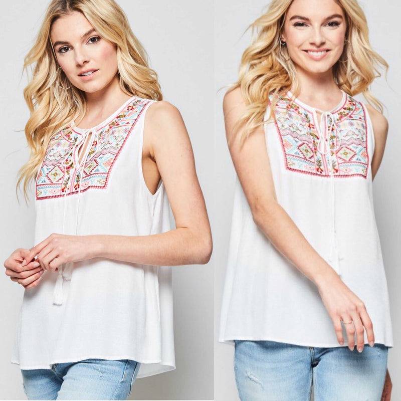 Emmy Ivory Embroidered Tassel Tank - TheBrownEyedGirl Boutique